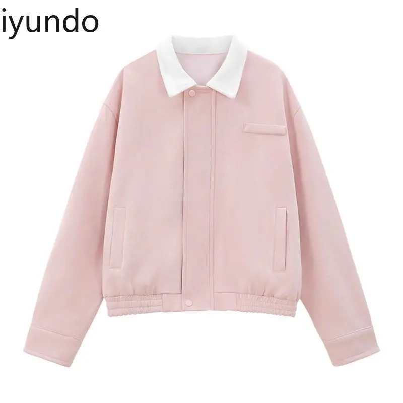 Baseball Jacket Long Sleeves Women's Autumn New Loose Temperament Casual Versatile Zipper Pink Lapel Top Girl's Coat