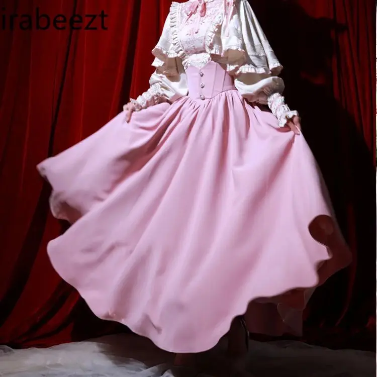 French Spring Lace Bustier Lolita Dress with High Waist Skirt Set Elegant Vintage Gothic Princess Aesthetic Outfit for Women