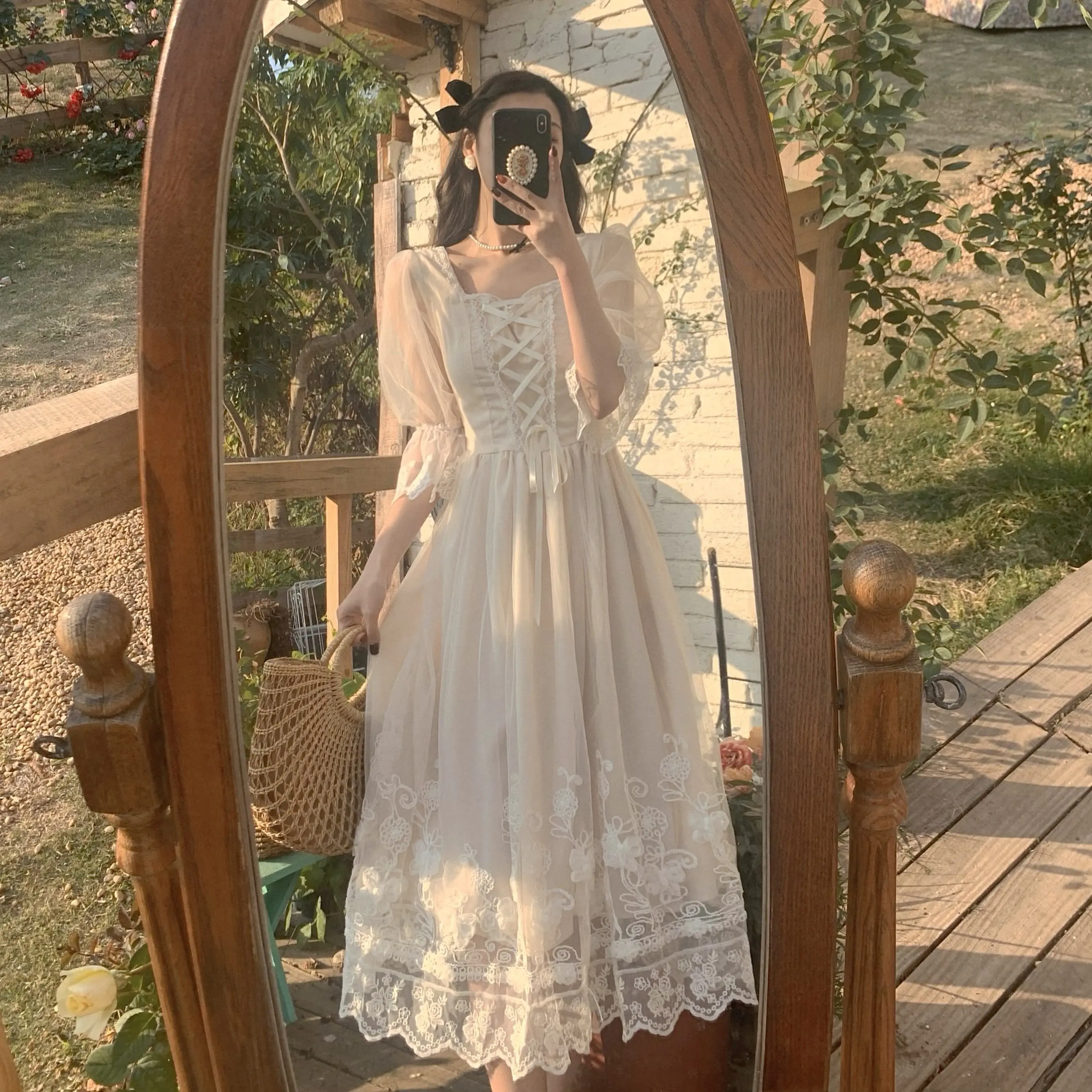 2025 Early Spring New Romantic Tea Dress French Style White Floral A-line Elegant Fairy Forest Vintage Boho Chic Women Dress​