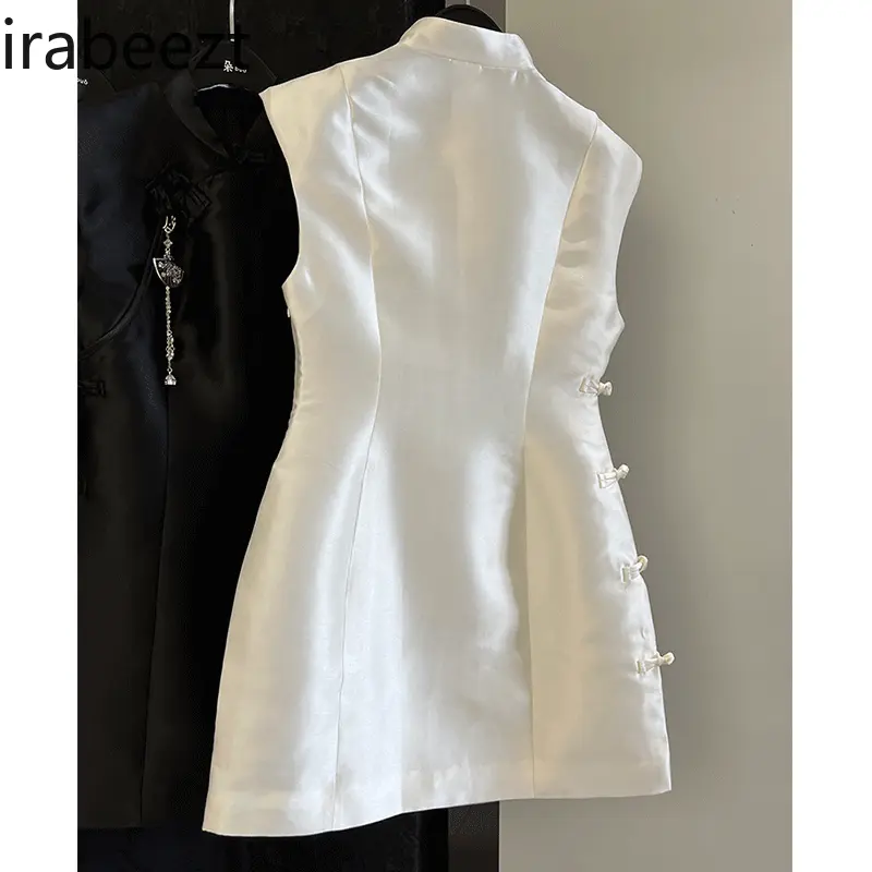 National Trend New Chinese Cheongsam Button Brooch Stand Collar Flower Bud Waist Dress Birthday Dress for Women