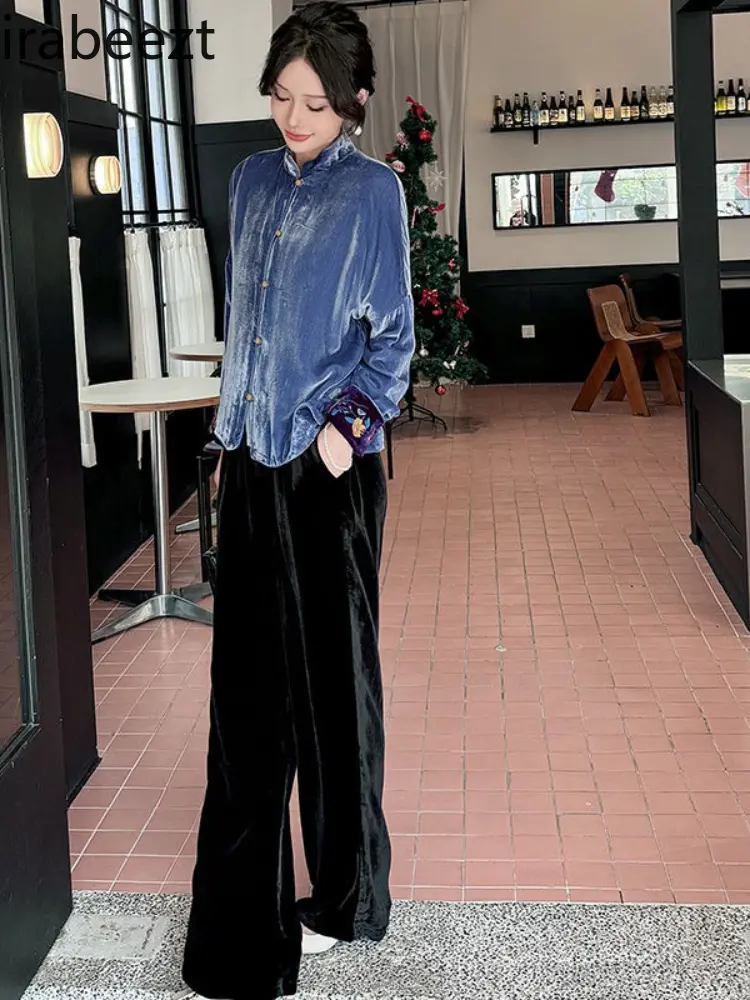 Velvet Short Jacket Women's Elegant Chinese Embroidery Stand Collar Qipao Style Blouse Vintage Button Front Coat