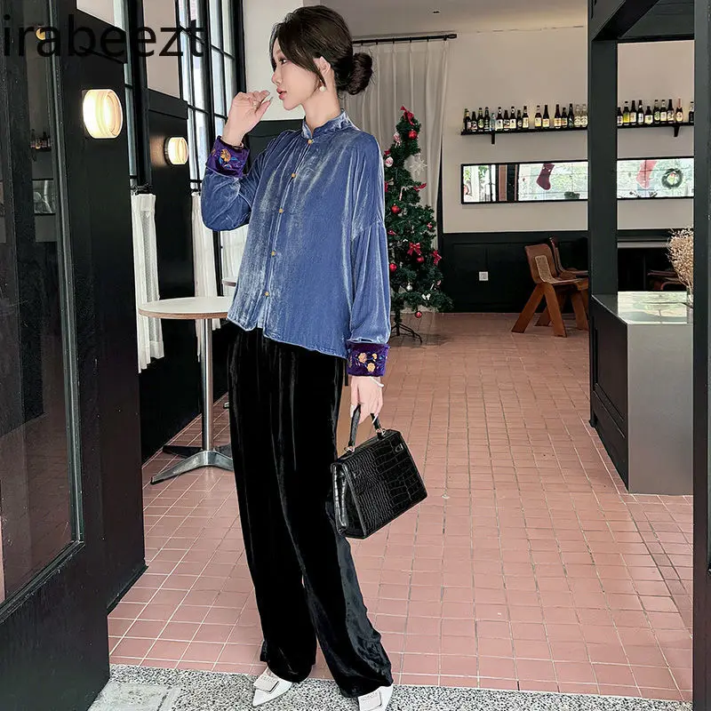 Velvet Short Jacket Women's Elegant Chinese Embroidery Stand Collar Qipao Style Blouse Vintage Button Front Coat
