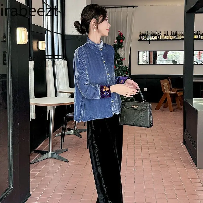 Velvet Short Jacket Women's Elegant Chinese Embroidery Stand Collar Qipao Style Blouse Vintage Button Front Coat