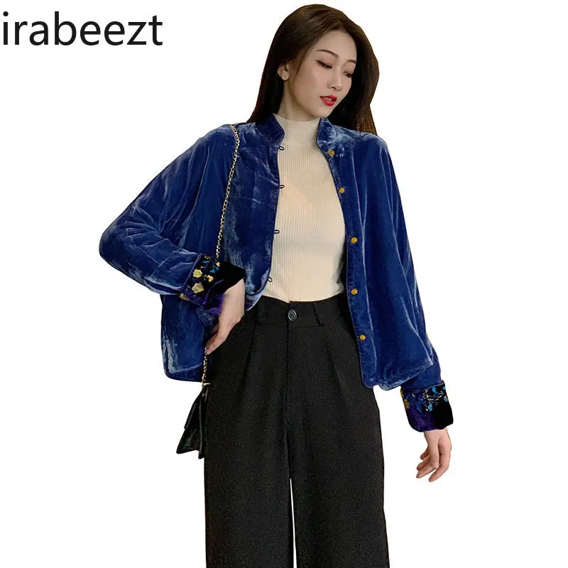 Velvet Short Jacket Women's Elegant Chinese Embroidery Stand Collar Qipao Style Blouse Vintage Button Front Coat