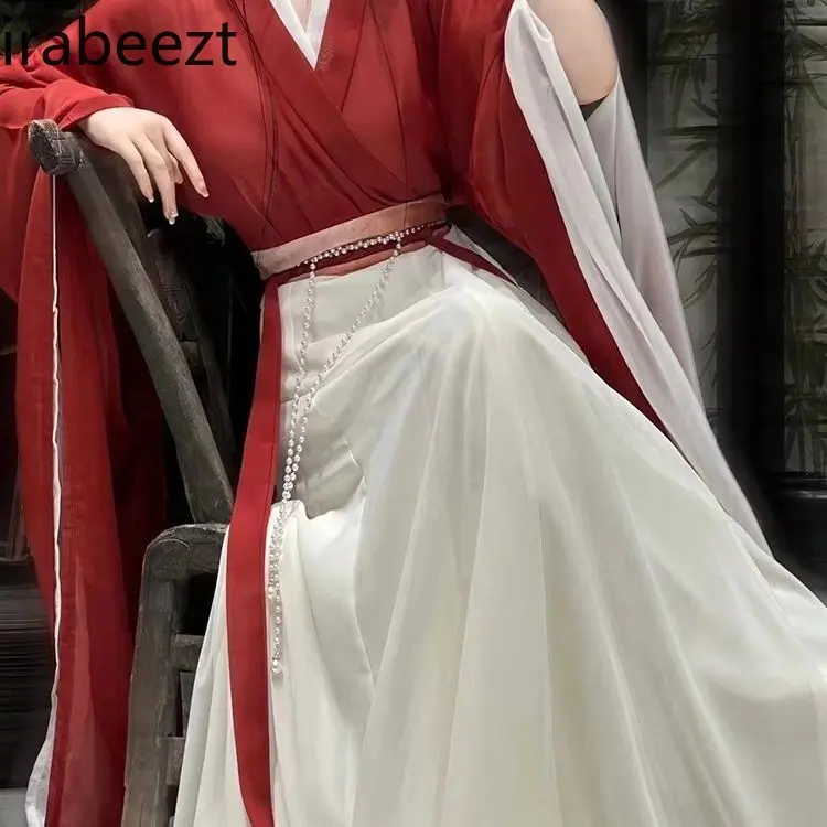 Acient Style Hanfu Dress - Cross Collar Wide Sleeve Top & High Waist 8-Panel Skirt Set Ink Dye Print Traditional Chinese Costume