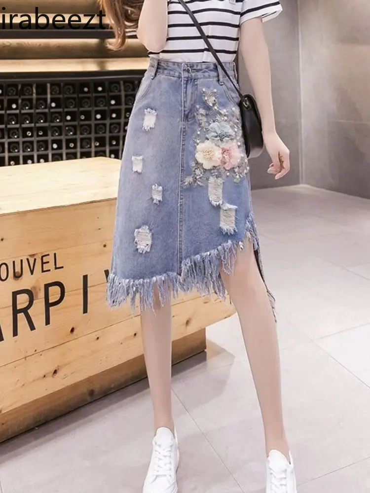 Women's 2025 Spring Summer Denim Midi Skirt Floral Embroidery Fringe Hem Asymmetrical Raw Edge Straight High Waist A-Line Skirt