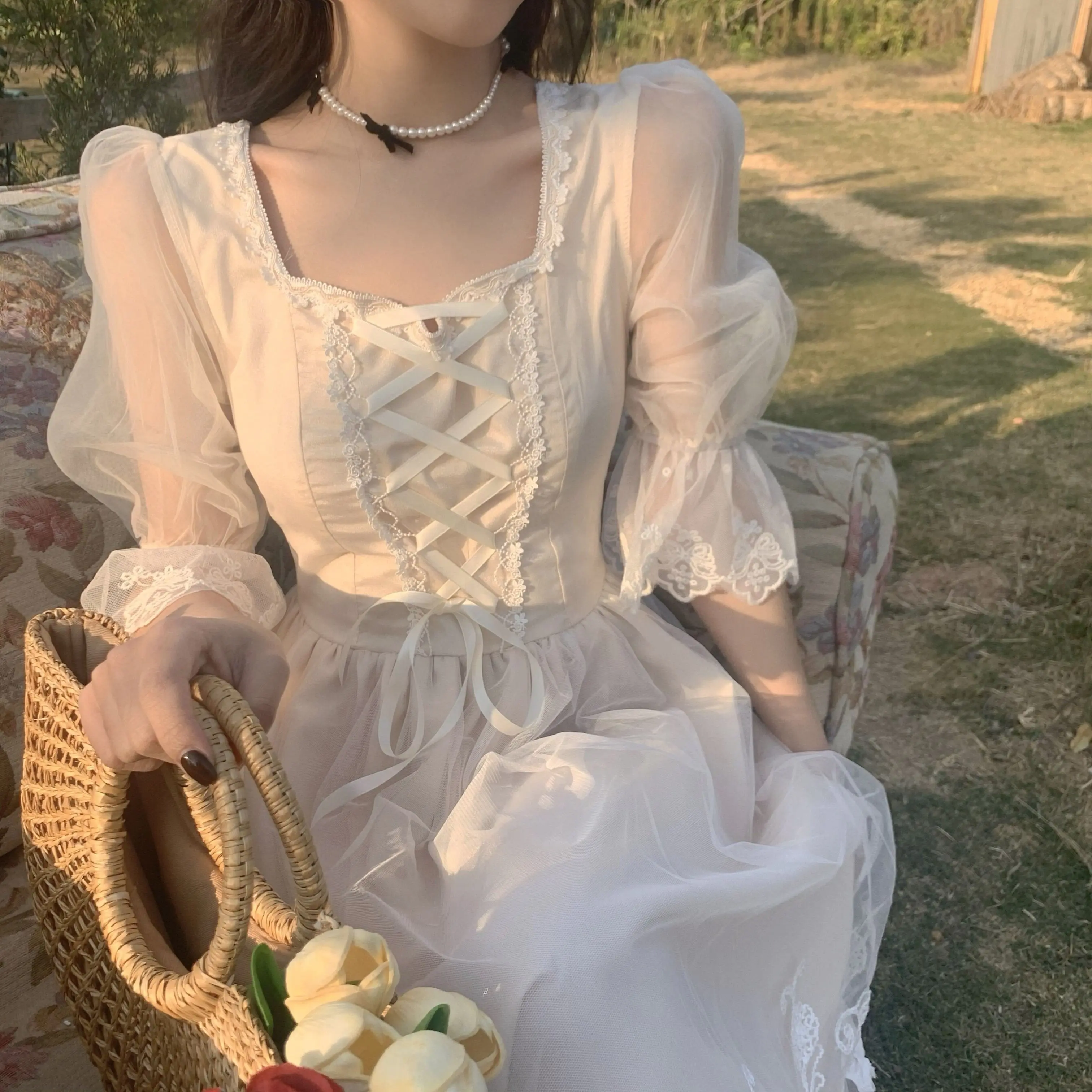 2025 Early Spring New Romantic Tea Dress French Style White Floral A-line Elegant Fairy Forest Vintage Boho Chic Women Dress​