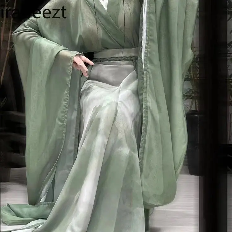 Acient Style Hanfu Dress - Cross Collar Wide Sleeve Top & High Waist 8-Panel Skirt Set Ink Dye Print Traditional Chinese Costume