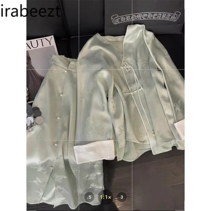 Elegant New Chinese Style Set Women's Retro Acetate Satin Blouse & Skirt Suit Spring Modified Frog Buttons Two-Piece Outfit