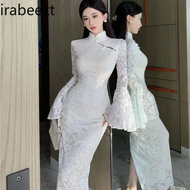 Elegant White Lace Chinese Cheongsam Dress - Vintage Style High Neck Bridal Traditional Evening Party Formal Wear