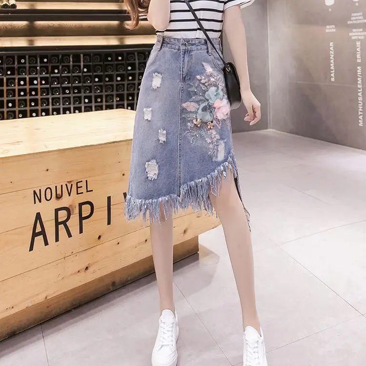 Women's 2025 Spring Summer Denim Midi Skirt Floral Embroidery Fringe Hem Asymmetrical Raw Edge Straight High Waist A-Line Skirt
