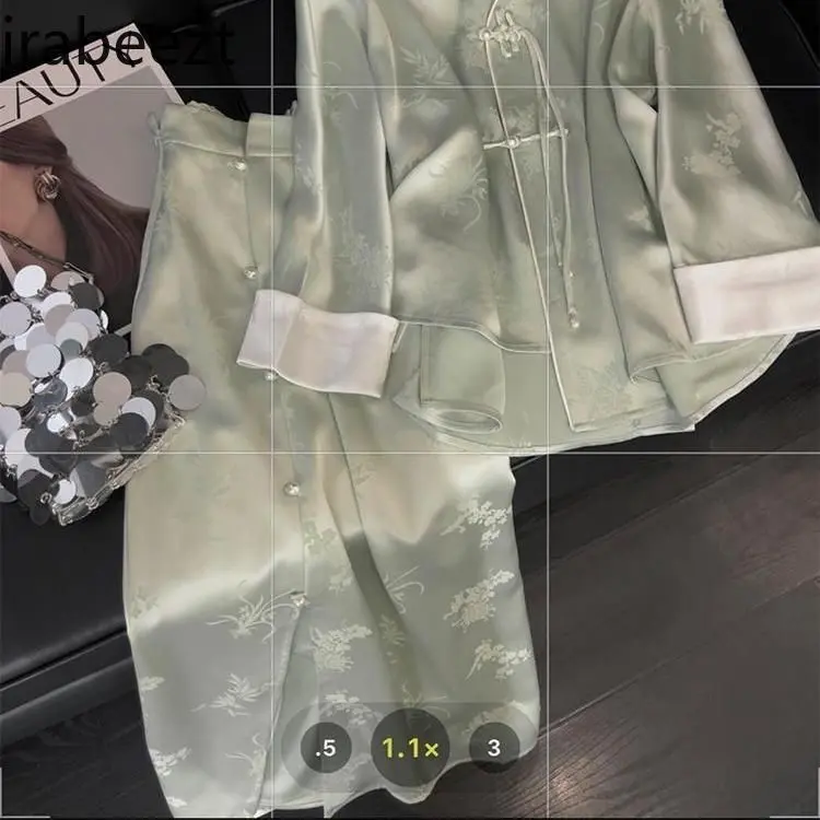 Elegant New Chinese Style Set Women's Retro Acetate Satin Blouse & Skirt Suit Spring Modified Frog Buttons Two-Piece Outfit