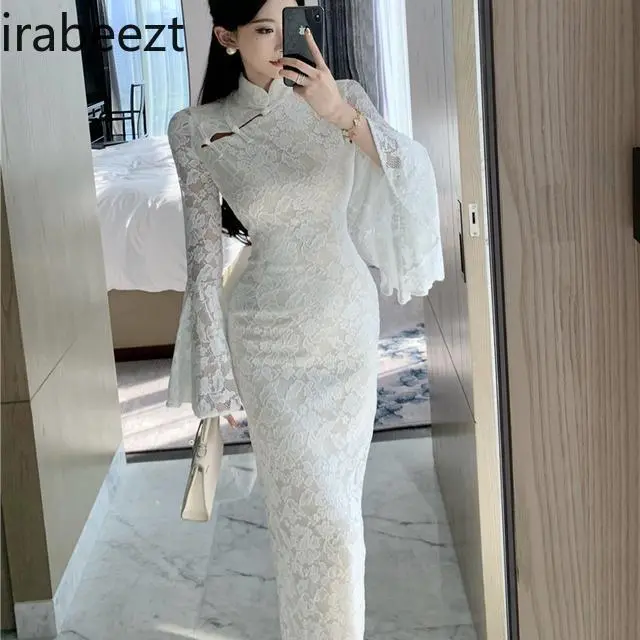 Elegant White Lace Chinese Cheongsam Dress - Vintage Style High Neck Bridal Traditional Evening Party Formal Wear