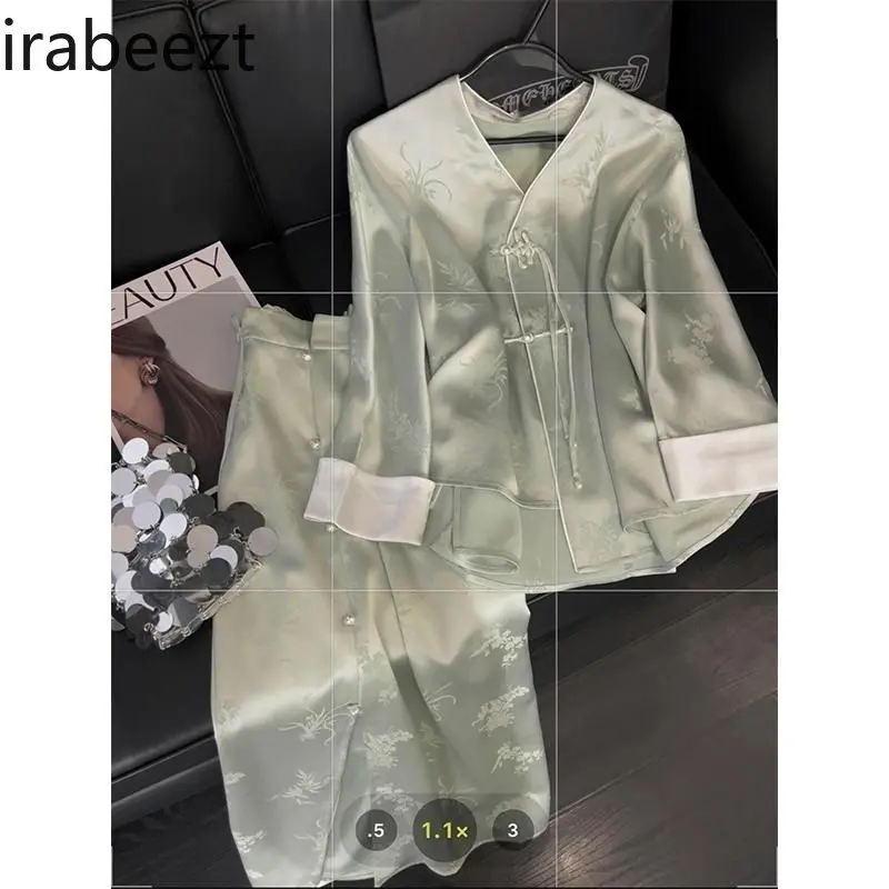 Elegant New Chinese Style Set Women's Retro Acetate Satin Blouse & Skirt Suit Spring Modified Frog Buttons Two-Piece Outfit