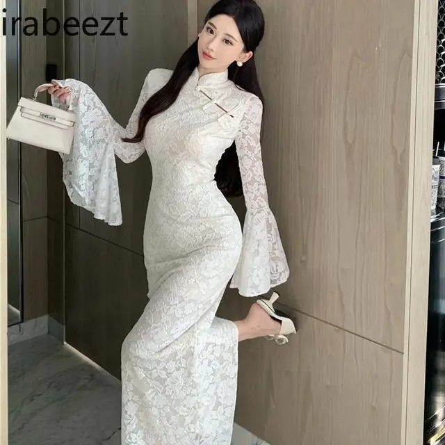 Elegant White Lace Chinese Cheongsam Dress - Vintage Style High Neck Bridal Traditional Evening Party Formal Wear