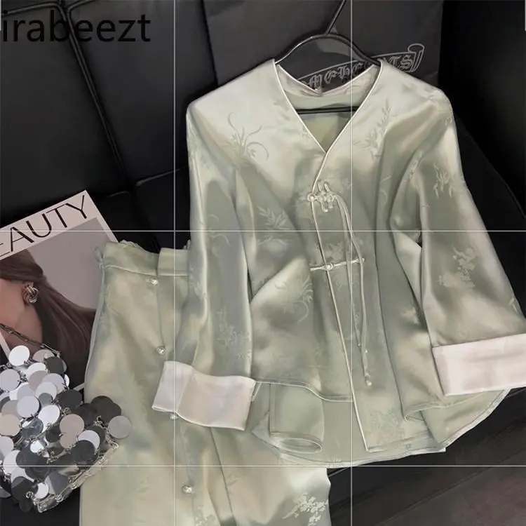 Elegant New Chinese Style Set Women's Retro Acetate Satin Blouse & Skirt Suit Spring Modified Frog Buttons Two-Piece Outfit