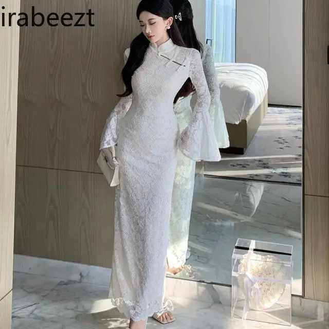 Elegant White Lace Chinese Cheongsam Dress - Vintage Style High Neck Bridal Traditional Evening Party Formal Wear