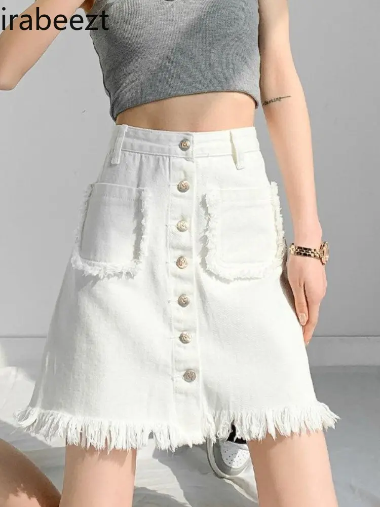 Women's High Waist A-Line White Summer Short Mini Skirt with Raw Hem Button Front Stretch Fitted Casual Streetwear Denim Skirt