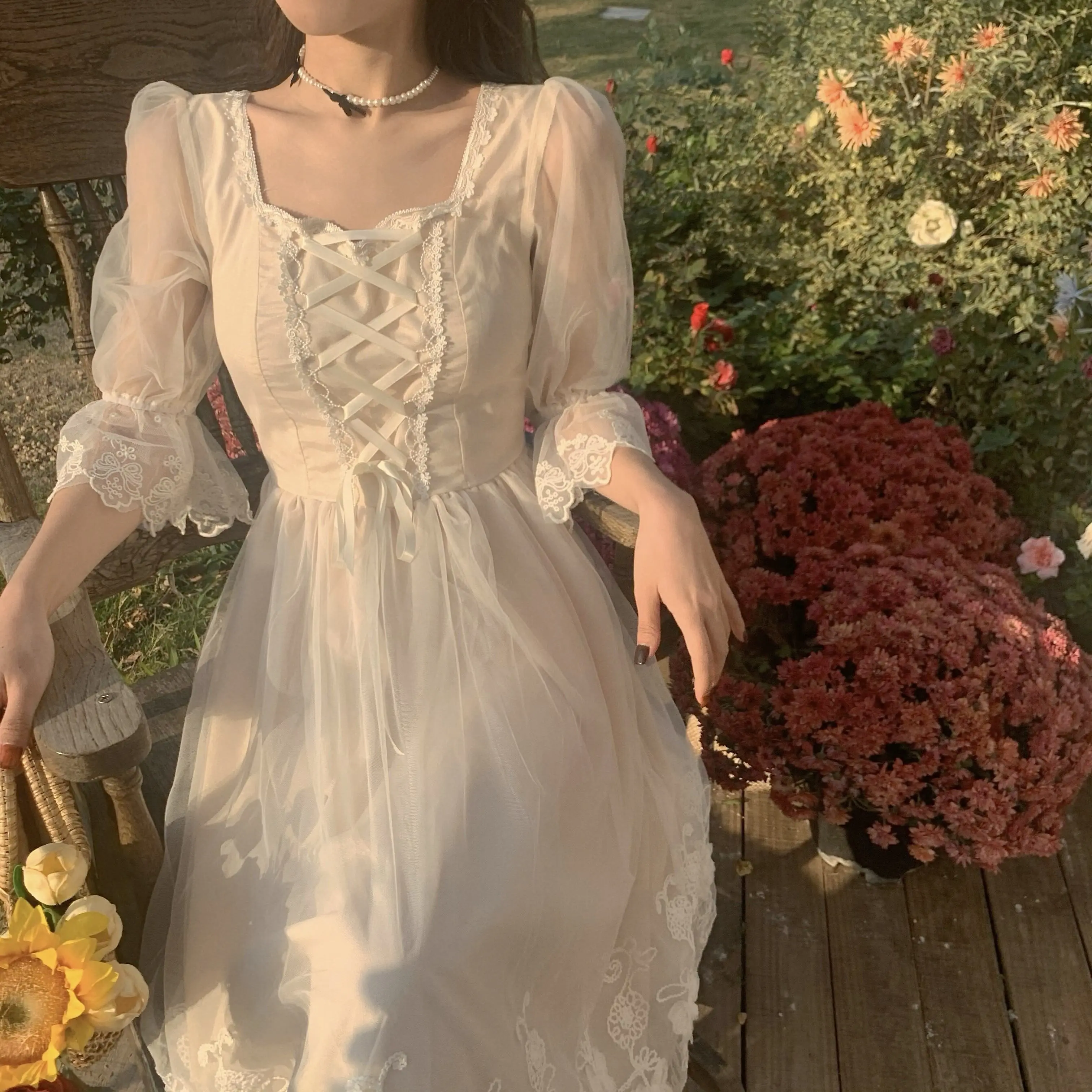 2025 Early Spring New Romantic Tea Dress French Style White Floral A-line Elegant Fairy Forest Vintage Boho Chic Women Dress​