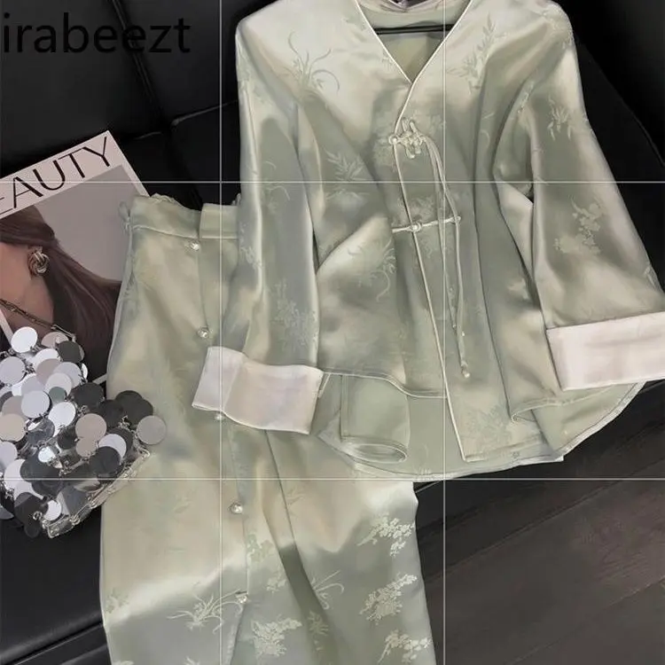 Elegant New Chinese Style Set Women's Retro Acetate Satin Blouse & Skirt Suit Spring Modified Frog Buttons Two-Piece Outfit