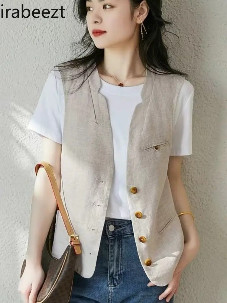 Women's V-Neck Sleeveless Linen Blazer Vest - Lightweight & Breathable British Style Blazer Jacket for Casual Party & Layering