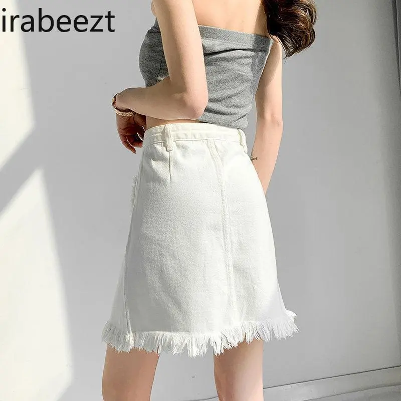 Women's High Waist A-Line White Summer Short Mini Skirt with Raw Hem Button Front Stretch Fitted Casual Streetwear Denim Skirt