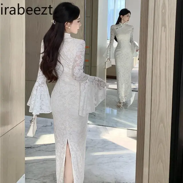Elegant White Lace Chinese Cheongsam Dress - Vintage Style High Neck Bridal Traditional Evening Party Formal Wear