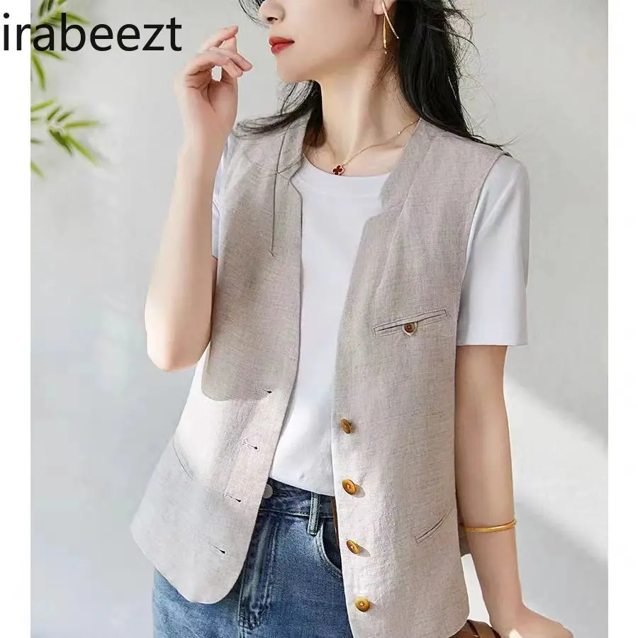 Women's V-Neck Sleeveless Linen Blazer Vest - Lightweight & Breathable British Style Blazer Jacket for Casual Party & Layering