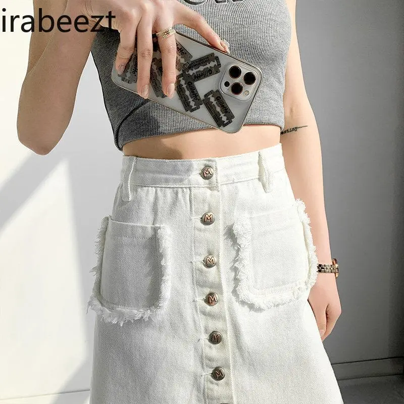 Women's High Waist A-Line White Summer Short Mini Skirt with Raw Hem Button Front Stretch Fitted Casual Streetwear Denim Skirt