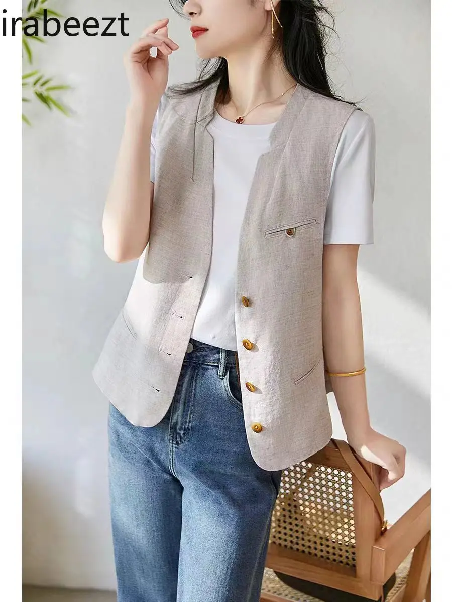 Women's V-Neck Sleeveless Linen Blazer Vest - Lightweight & Breathable British Style Blazer Jacket for Casual Party & Layering