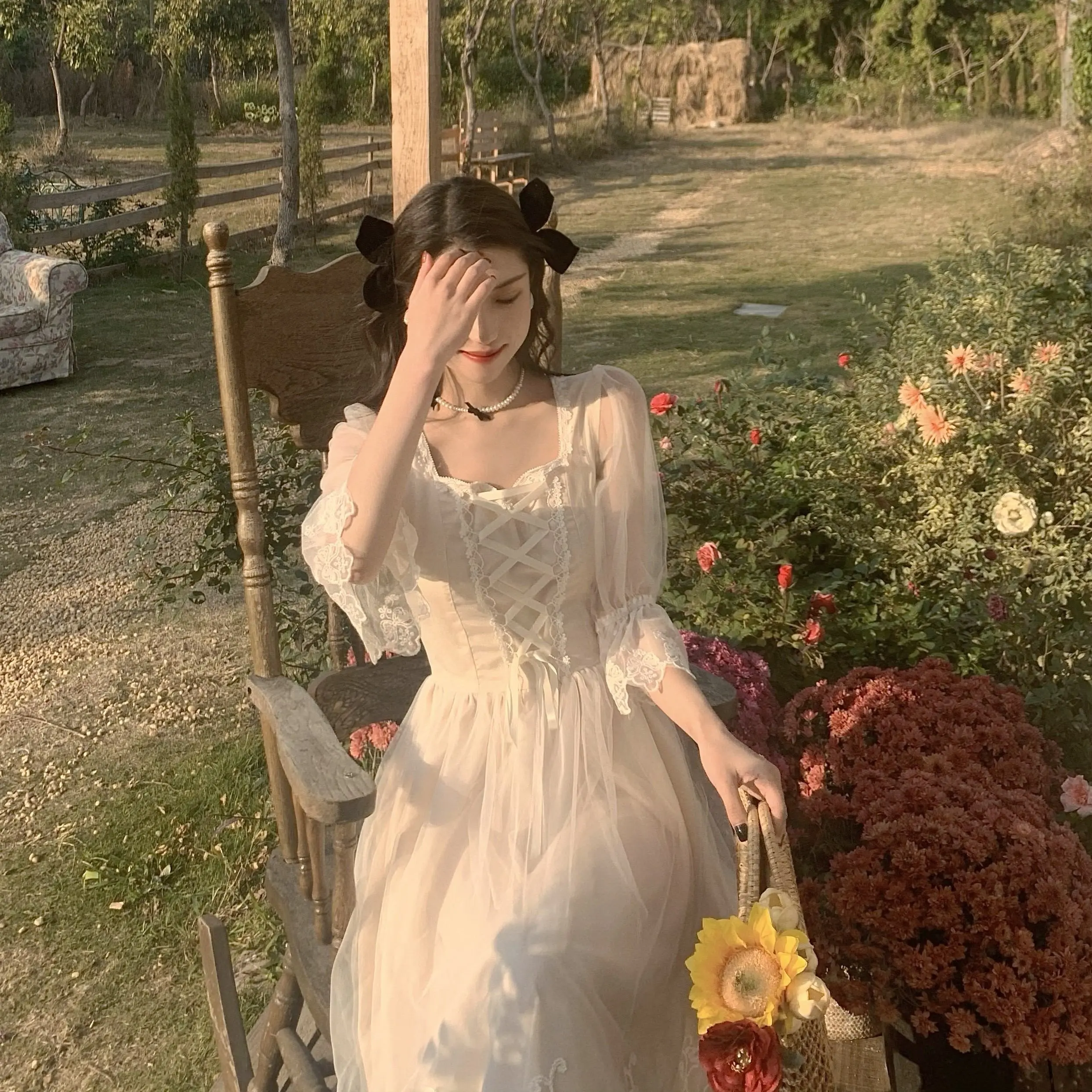 2025 Early Spring New Romantic Tea Dress French Style White Floral A-line Elegant Fairy Forest Vintage Boho Chic Women Dress​