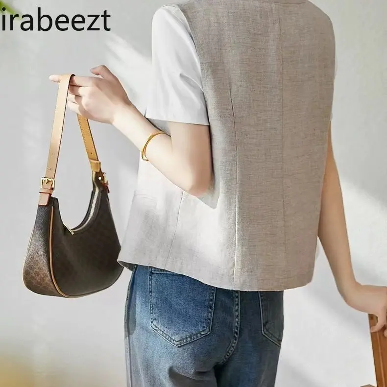 Women's V-Neck Sleeveless Linen Blazer Vest - Lightweight & Breathable British Style Blazer Jacket for Casual Party & Layering