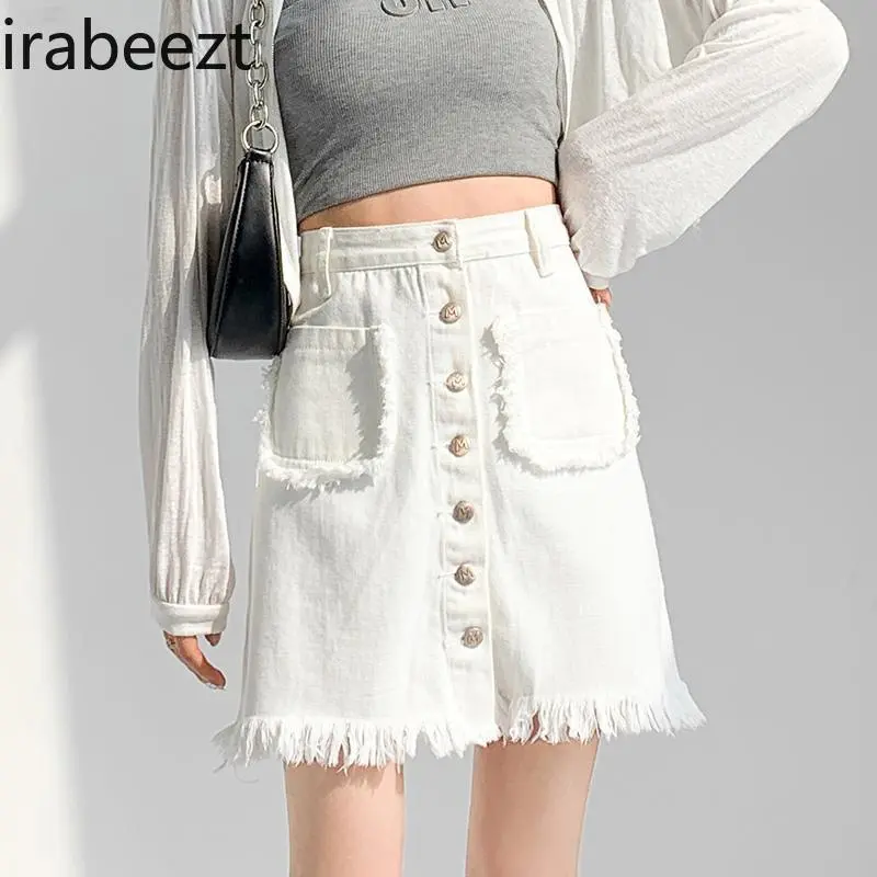 Women's High Waist A-Line White Summer Short Mini Skirt with Raw Hem Button Front Stretch Fitted Casual Streetwear Denim Skirt