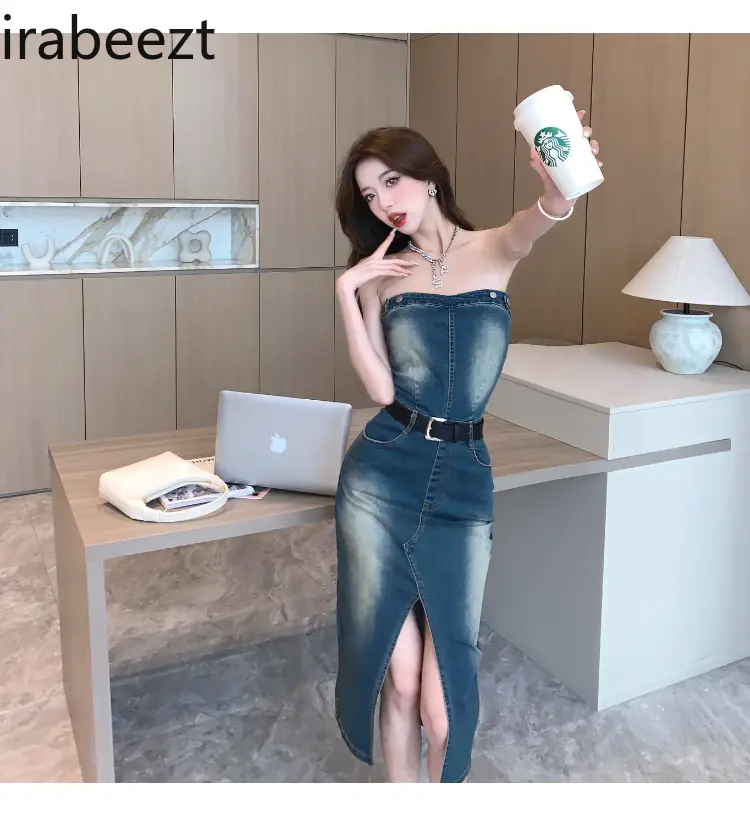 Sexy Denim Dress Women Elegant Off Shoulder Bodycon Mini Dress High Slit Cowl Neck Casual Party Clubwear Summer Outfit