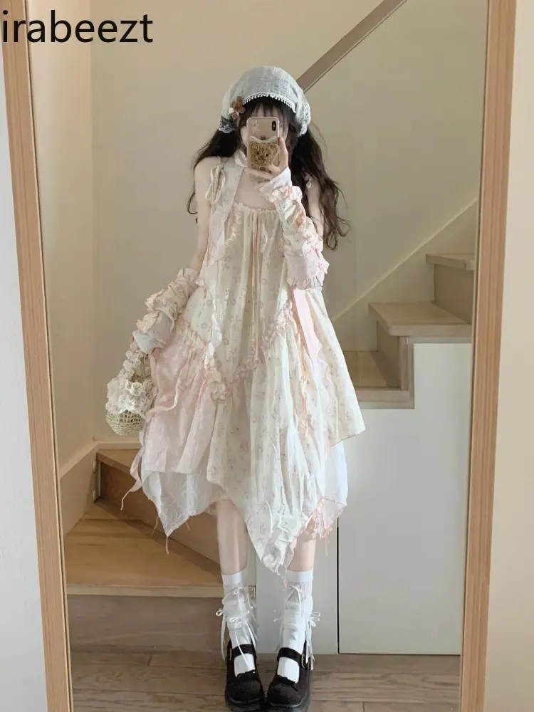 Summer Niche Sweet Cute Style Irregular Slip Gown New Girl Sense Floral Splicing Holiday Dress Women Robe Femme Été