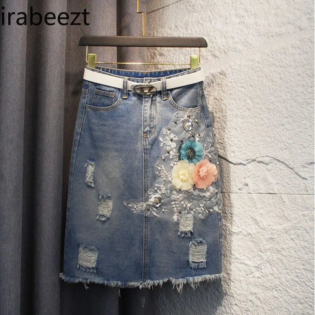 Handmade Beaded 3D Floral Denim Skirt Women's Slim Fit Mid-Length Distressed Raw Hem A-Line Vintage High Waist Casual Skirt