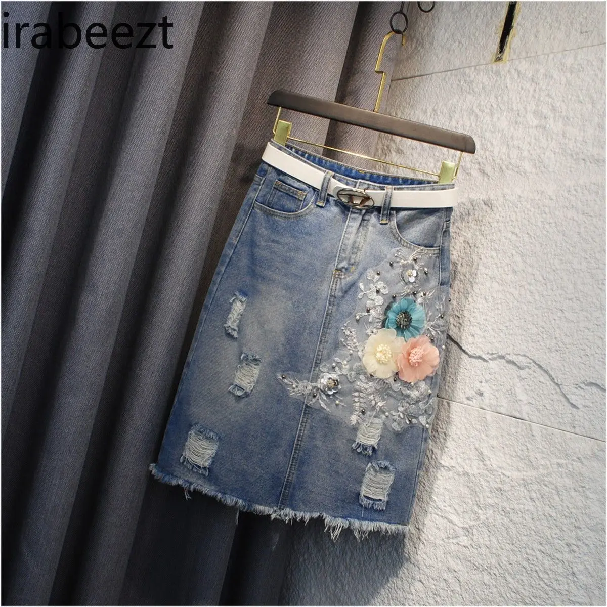 Handmade Beaded 3D Floral Denim Skirt Women's Slim Fit Mid-Length Distressed Raw Hem A-Line Vintage High Waist Casual Skirt