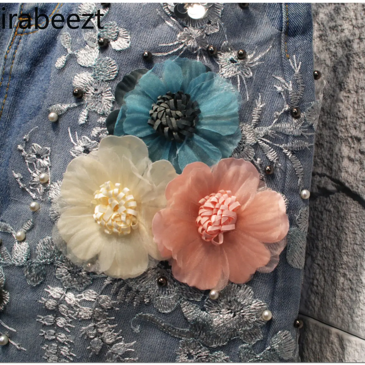 Handmade Beaded 3D Floral Denim Skirt Women's Slim Fit Mid-Length Distressed Raw Hem A-Line Vintage High Waist Casual Skirt