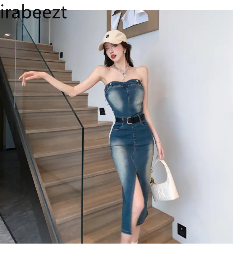 Sexy Denim Dress Women Elegant Off Shoulder Bodycon Mini Dress High Slit Cowl Neck Casual Party Clubwear Summer Outfit