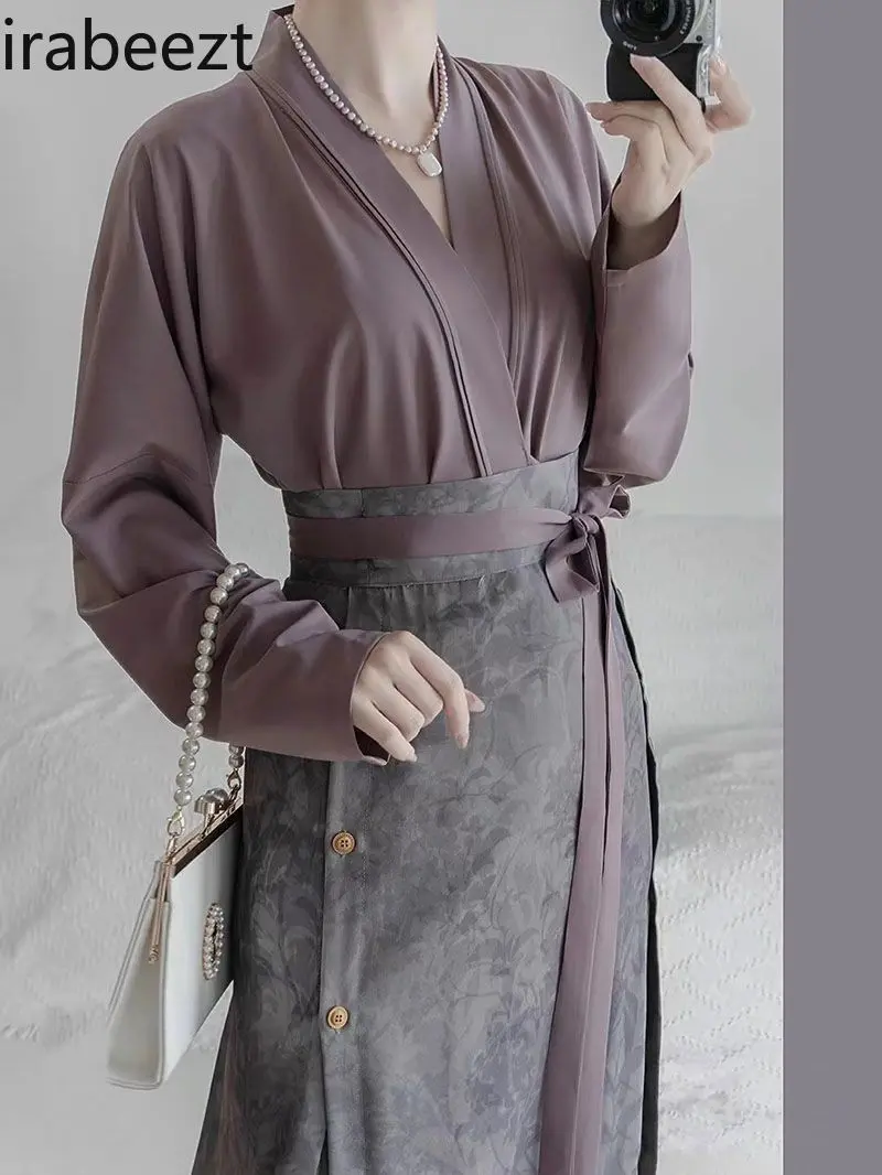 New Spring Purple Hanfu Style Blouse Two-Piece Set Elegant Chinese Traditional Embroidered Tops + Skirt Fashion Casual Outfit