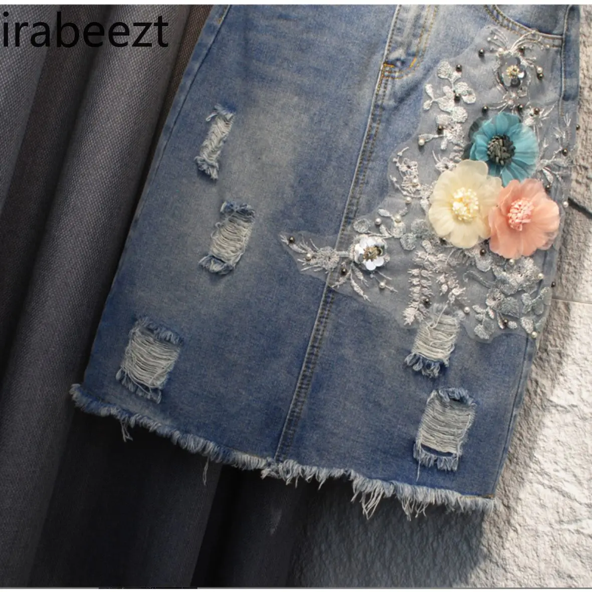 Handmade Beaded 3D Floral Denim Skirt Women's Slim Fit Mid-Length Distressed Raw Hem A-Line Vintage High Waist Casual Skirt