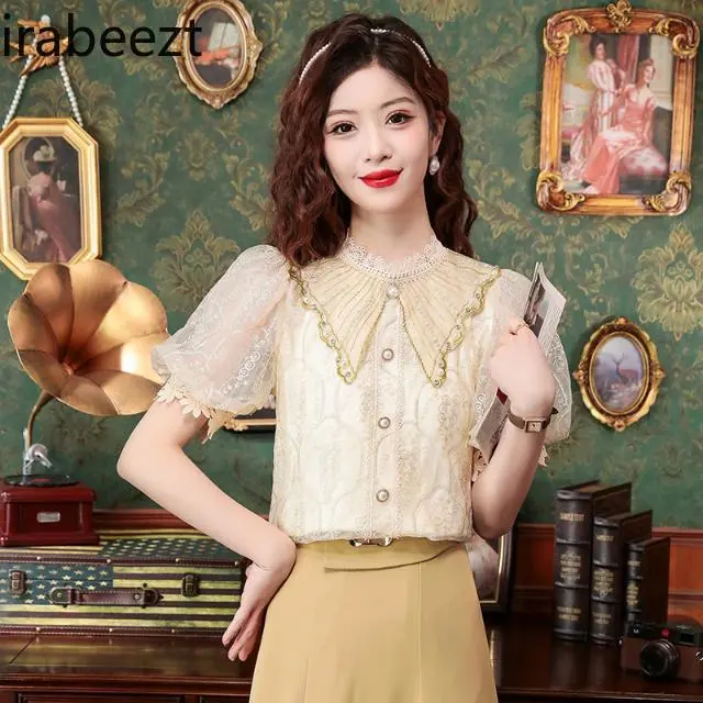 Elegant Stand Collar Puff Sleeve Lace Blouse Women's Summer 2025 New Short Sleeve Top - Fashion Feminine Shirt