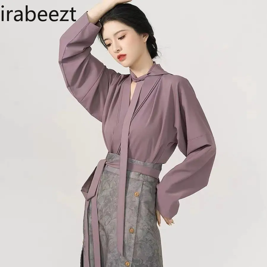 New Spring Purple Hanfu Style Blouse Two-Piece Set Elegant Chinese Traditional Embroidered Tops + Skirt Fashion Casual Outfit