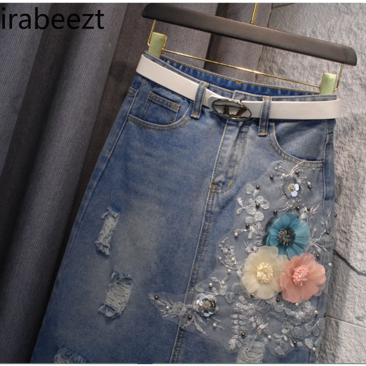 Handmade Beaded 3D Floral Denim Skirt Women's Slim Fit Mid-Length Distressed Raw Hem A-Line Vintage High Waist Casual Skirt