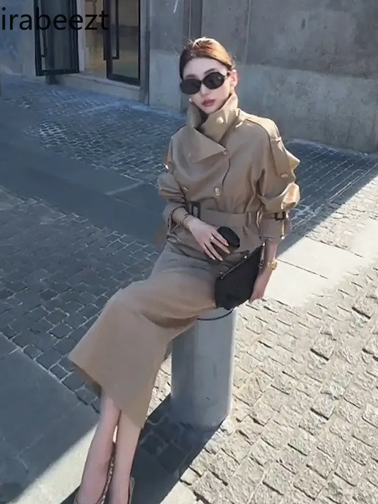 2025 New Fashion Suit Temperament Niche Design Coffee Color Trench Coat High Waist Half Skirt Two-piece Set Blazer Sets