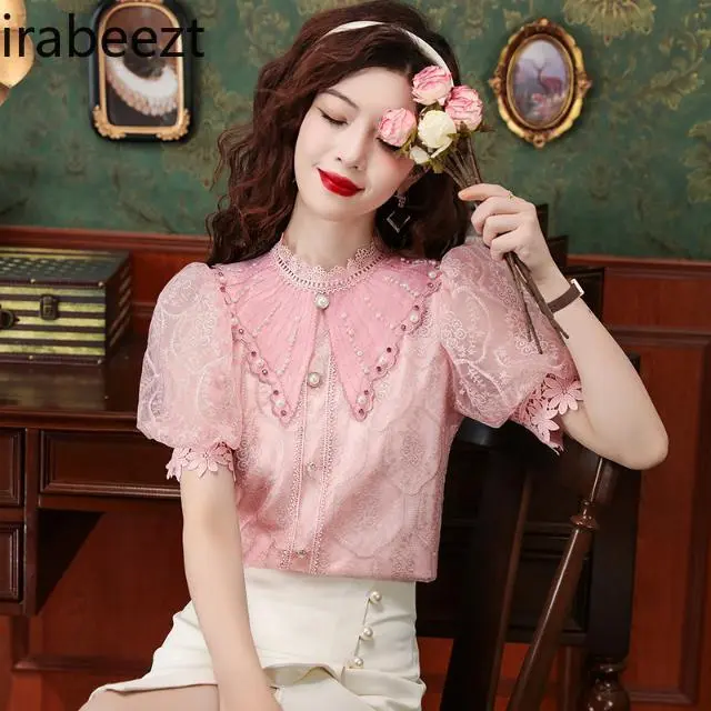 Elegant Stand Collar Puff Sleeve Lace Blouse Women's Summer 2025 New Short Sleeve Top - Fashion Feminine Shirt