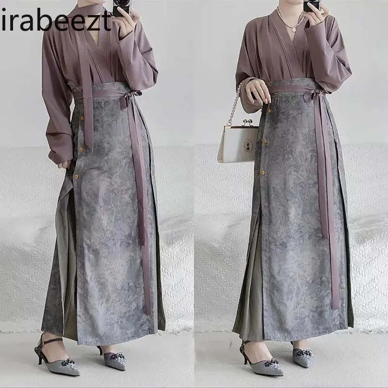 New Spring Purple Hanfu Style Blouse Two-Piece Set Elegant Chinese Traditional Embroidered Tops + Skirt Fashion Casual Outfit