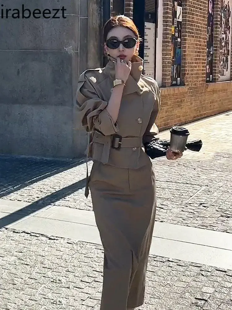 2025 New Fashion Suit Temperament Niche Design Coffee Color Trench Coat High Waist Half Skirt Two-piece Set Blazer Sets
