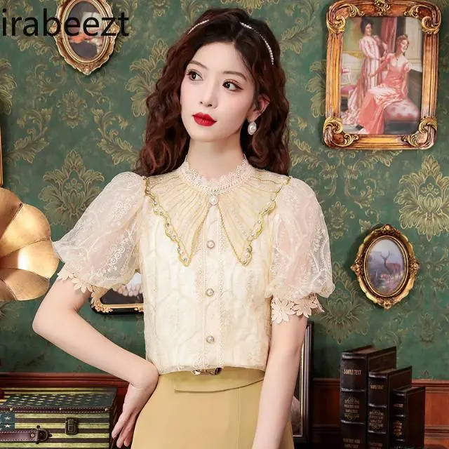 Elegant Stand Collar Puff Sleeve Lace Blouse Women's Summer 2025 New Short Sleeve Top - Fashion Feminine Shirt