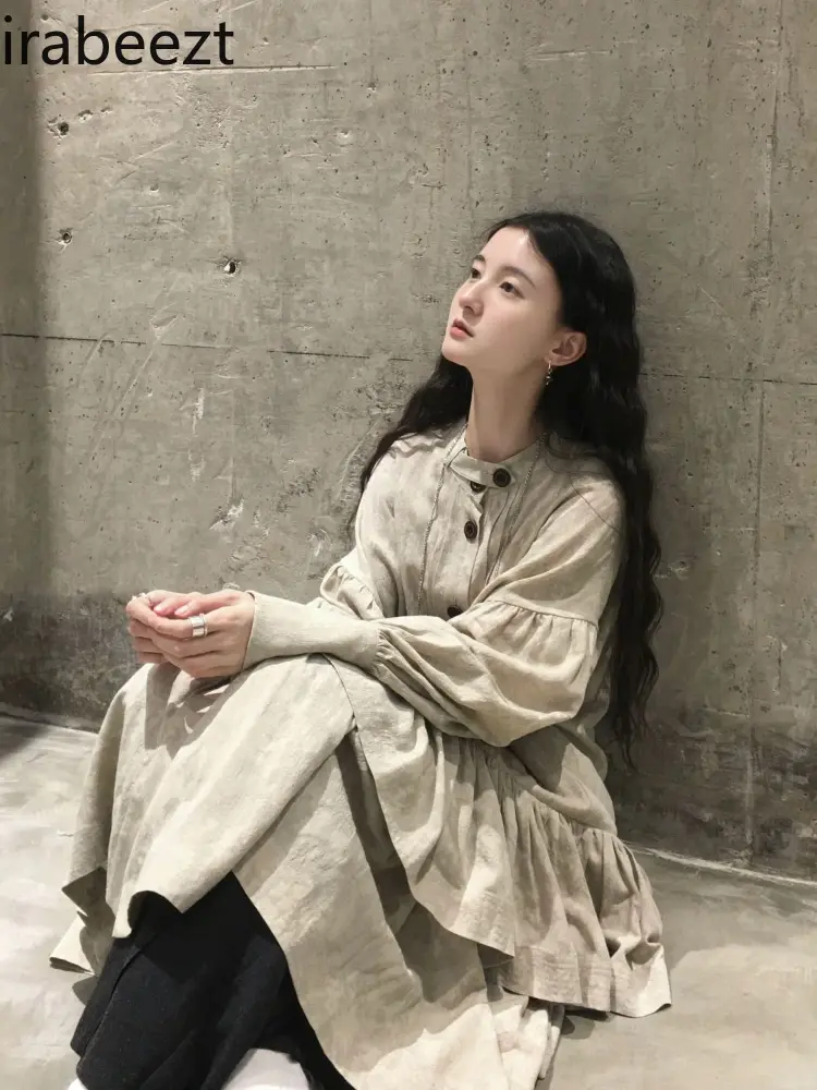Neo-Chinese Style Apricot Patchwork Faux Two-Piece Shirt Gown - Lazy Chic Loose A-Line Tiered Ruffle Long Sleeve Overlay Dress